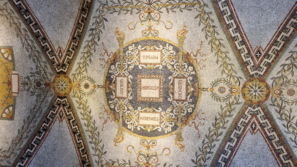 A ceiling at the Library of Congress. It says mathematics, physics etc.